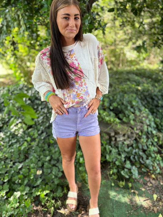 Lavender Haze Distressed Shorts