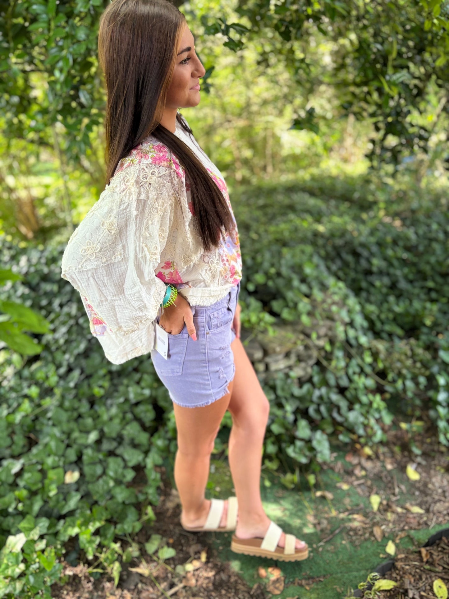 Lavender Haze Distressed Shorts