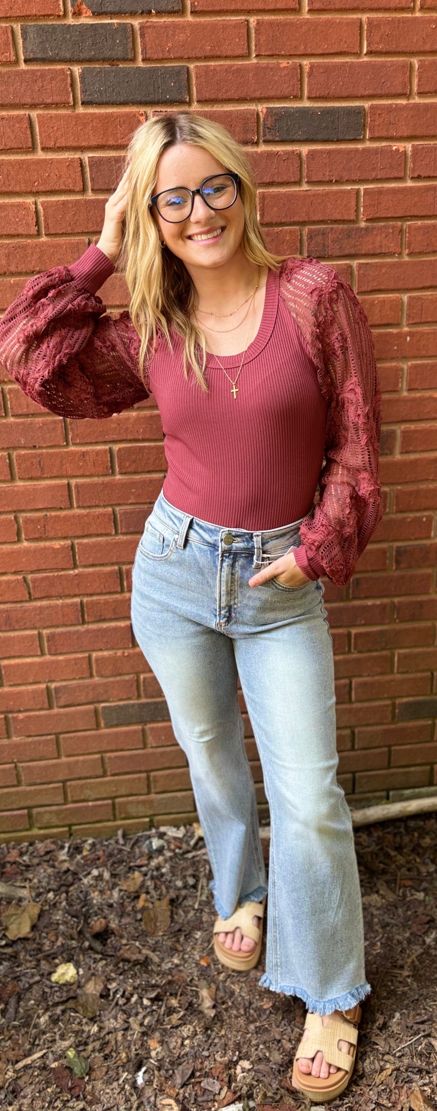 Rosé Lace Balloon Sleeve Top